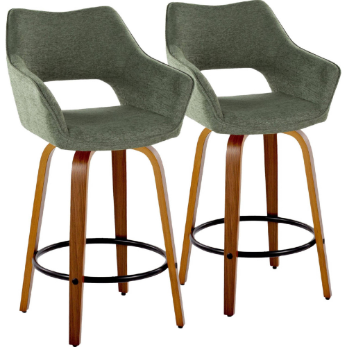 Mustang 26" Swivel Counter Stool in Walnut Wood & Green Fabric w/ Black Footrest (Set of 2)